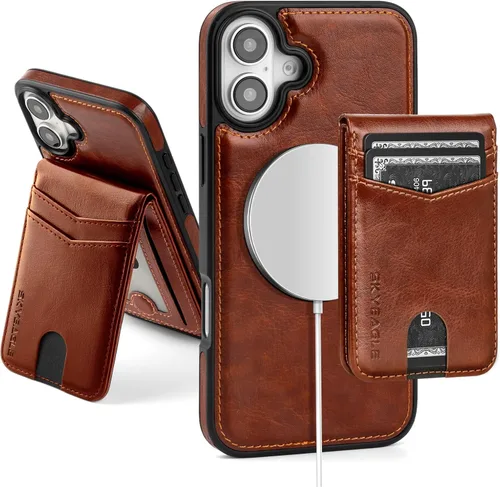 SkyEagle Magsafe - Funda tipo cartera desmontable 2 en 1 para iPhone 16 Plus con tarjetero para mujeres y hombres, bloqueo magnético, de piel Marrón