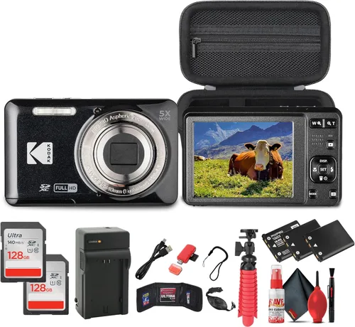 Kodak Pixpro FZ55 Cámara digital (negro) El paquete incluye: 2 tarjetas de memoria de 128 GB, 2 baterías recargables, cargador de batería, estuche