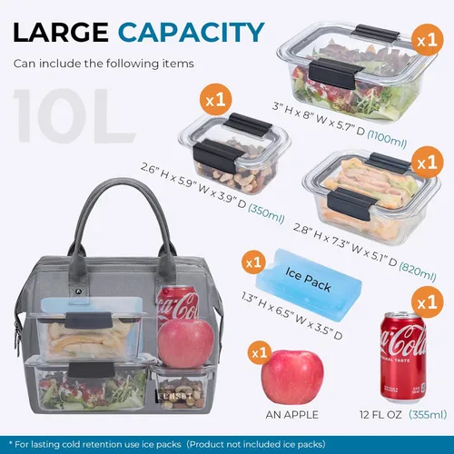 Miniatura 3 de ECHSRT Lonchera grande aislada para mujeres y hombres, a prueba de fugas, para el trabajo, viajes, adultos, lonchera térmica para oficina, 10 L, Gris