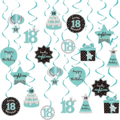 Decoración de techo de remolinos colgantes para fiesta de cumpleaños número 18, decoración de techo con 18 remolinos colgantes de papel de aluminio