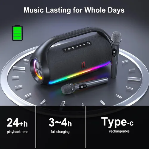 Miniatura 4 de HWWR Altavoz Bluetooth portátil con 2 micrófonos inalámbricos, sistema de altavoces portátiles ruidosos, graves profundos, corte de eco y voz, IPX5