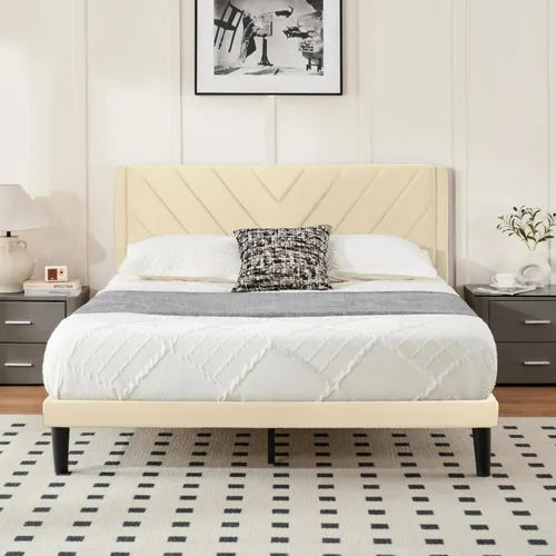 Base de cama de plataforma de tamaño matrimonial con cabecera de terciopelo, borde de ala, listones de madera resistentes, sin ruido, no necesita