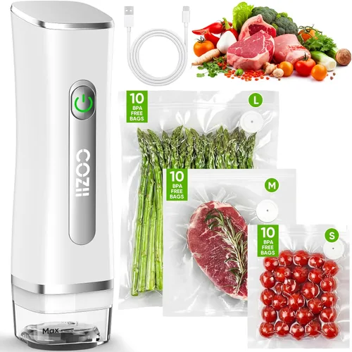 COZII Sellador al vacío para alimentos, potente sellador al vacío de mano con 30 bolsas reutilizables, diseño recargable con tanque desmontable