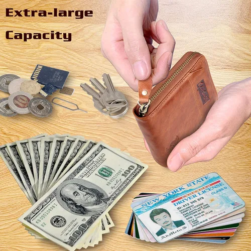 Miniatura 34 de Admetus - Cartera de piel auténtica para hombre con cremallera, plegable