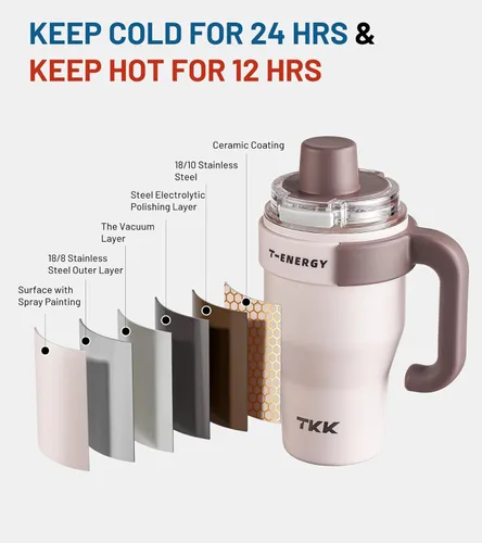 Miniatura 7 de TKK Vaso de 27 onzas con asa y popote, botella aislada con revestimiento de cerámica, taza de viaje 100% a prueba de fugas para agua, té helado