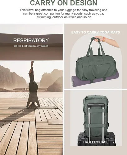 Miniatura 2 de Bolsa de gimnasio para mujer, bolsa de mano para fin de semana, bolsas de viaje para hombres con funda para carrito, A3-Verde ejército, Campañas