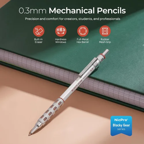 Miniatura 2 de Nicpro - Juego de lápices mecánicos Blocky Gear de 0.01 pulgadas en estuche, lápiz metálico con recambios de mina, borrador para dibujo, escritura
