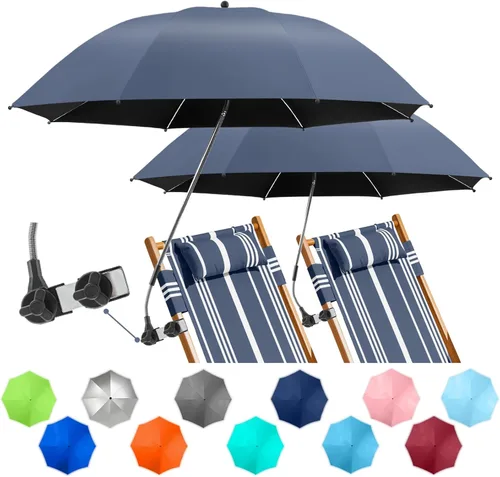 Paquete de 2 paraguas de playa con abrazadera, paraguas ajustable de 360° para silla, paraguas UPF50+ para silla de playa, silla de patio, silla de