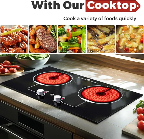 Miniatura 5 de ADVWIN Placa de cocina eléctrica, perilla de control de 2 quemadores, enchufe en estufa eléctrica de cerámica integrada con bloqueo de seguridad