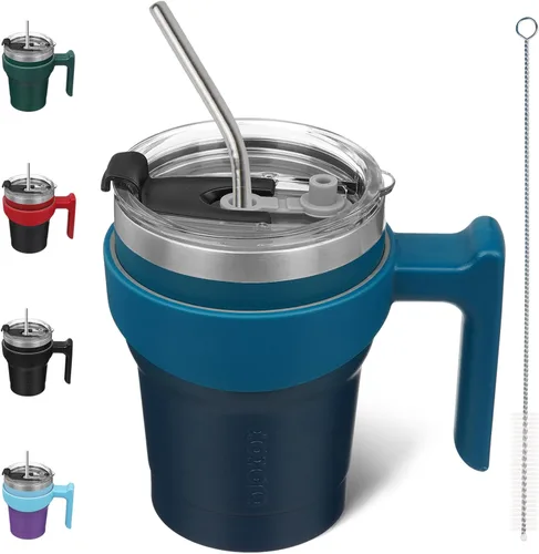 Miniatura 12 de BJPKPK Vaso con asa de acero inoxidable de 20 onzas, con aislamiento de doble pared, con tapa y pajita, color rosa claro A-rosa claro