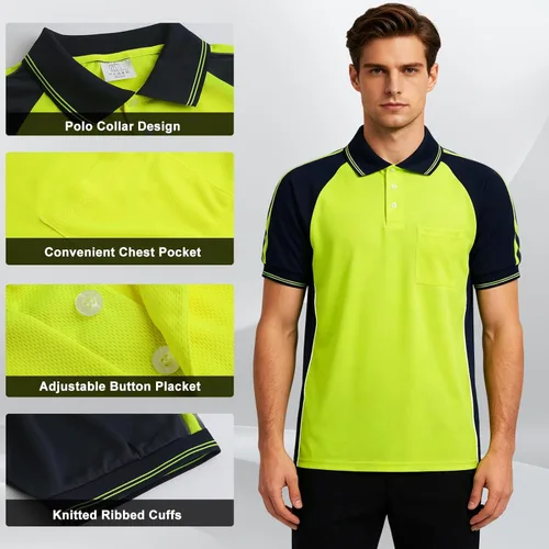 Miniatura 5 de Camisa de seguridad de alta visibilidad, manga corta y larga, polo reflectante, camisetas de trabajo para hombres amarillo-S