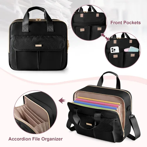 Miniatura 4 de Bolso para profesora con organizador de archivos de acordeón, maletín para laptop de 39.6 cm para mujeres, profesora, tutora, enfermera y Negro