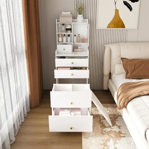Miniatura 9 de Runboll - Mesa de Tocador Compacta con Taburete de Almacenamiento y Espejo Iluminado Ajustable, Escritorio de Maquillaje Pequeño 3-en-1 con 4
