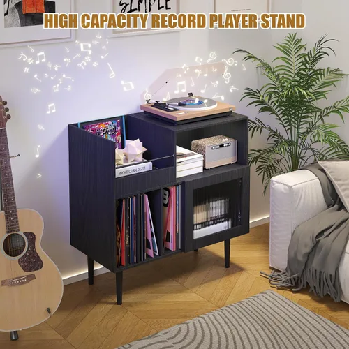 Miniatura 6 de HedoAjim Soporte grande para tocadiscos con almacenamiento de vinilo, soporte para tocadiscos con puerta acrílica, mesa auxiliar para tocadiscos