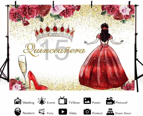 Miniatura 3 de AIBIIN Telón de fondo de quinceañera de cumpleaños número 15 para niñas, fondo de fotografía floral rojo, corona de princesa, tacones altos