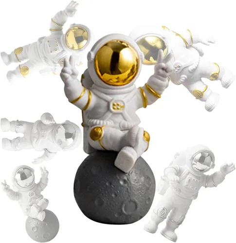 Miniatura 9 de Juego de 4 piezas de decoración de estatua de astronauta, adorno de figura de astronauta de poliresina azul, 3 piezas de espejo y 1 llavero