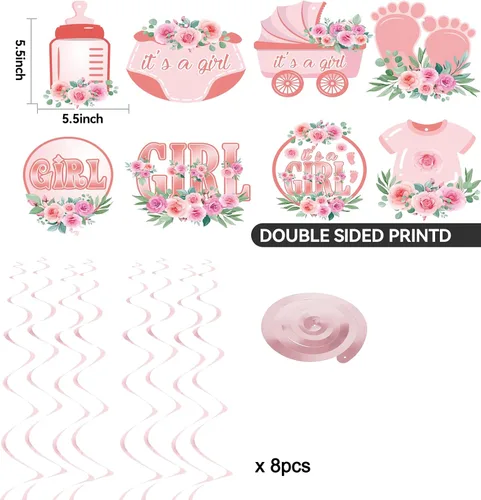 Miniatura 3 de Oh Baby - Cartel de revelación de género rosa con espirales Decoraciones de baby shower para fiesta de niña