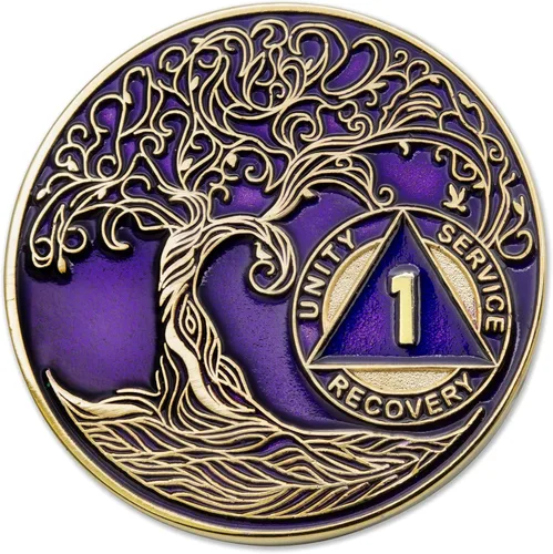 Miniatura 71 de 20 Year Sobriety Mint Twisted Tree of Life - Medallón de recuperación AA chapado en oro, fichas y fichas, color negro