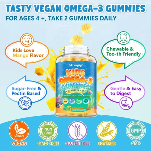 Miniatura 7 de Gomitas Omega 3 para niños, algas Omega3 con colina, luteína, vitamina D3 B12, calcio, zinc para el desarrollo cerebral de los niños, ojos, energía