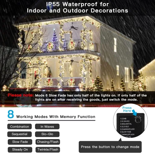 Miniatura 2 de AmyHomie - Luces de Navidad de blanco cálido, 32.9 m, 300 LED, enchufables, 8 modos, luces de hadas impermeables para guirnaldas, para árbol
