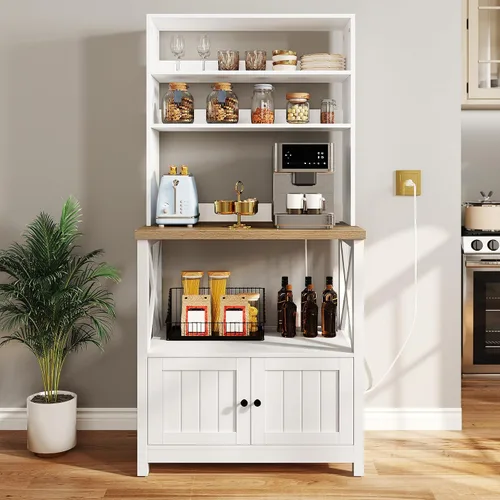 Miniatura 10 de YITAHOME Estante para panaderos con toma de corriente y puerta de gabinete de almacenamiento, soporte alto para microondas de cocina de 5 niveles