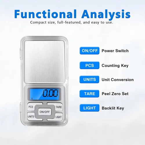 Miniatura 2 de Alta precisión mini electrónica digital bolsillo báscula joyería pesaje equilibrio portátil 17.64 oz/0.00 oz función de conteo LCD azul g/tl/oz/ct