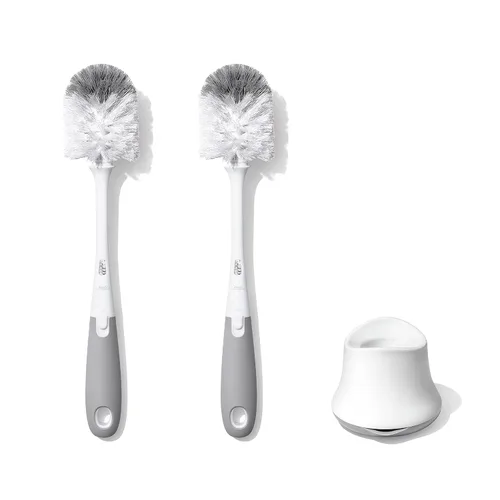 Miniatura 2 de OXO Tot - Cepillo para botellas con limpiador de pezones y soporte, color gris, paquete de 2 y estante de secado Tot tamaño viaje con cepillo