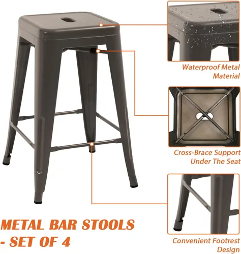 Miniatura 4 de Taburetes de bar de metal de 24 pulgadas para isla de cocina, juego de 4, bronce