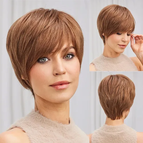 Miniatura 15 de HAIRCUBE Pelucas rubias de corte Pixie para mujer, estilo ondulado natural, peluca de encaje sintético resistente al calor con parte superior