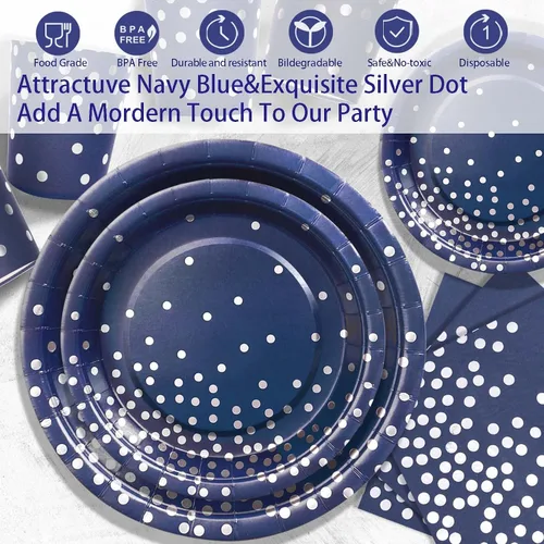 Miniatura 3 de 350 platos y servilletas azul marino para fiestas, platos de papel azul marino con cubiertos de plástico para 50 invitados, platos de cumpleaños