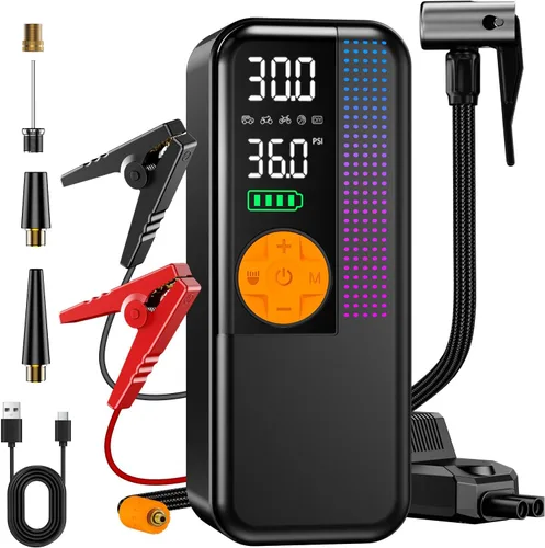 Arrancador de Batería con Compresor de Aire, 5500A Reforzador de Batería de Coche Portátil (Todo Gas y 10L Diesel) con Inflador de Neumáticos