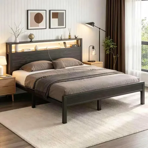 Miniatura 3 de LoVinson Full Size Bed Frame with Charging Station and LED Light, Metal Platform Bed with Storage Headboard, Noise Free, No Box Spring Needed, Easy