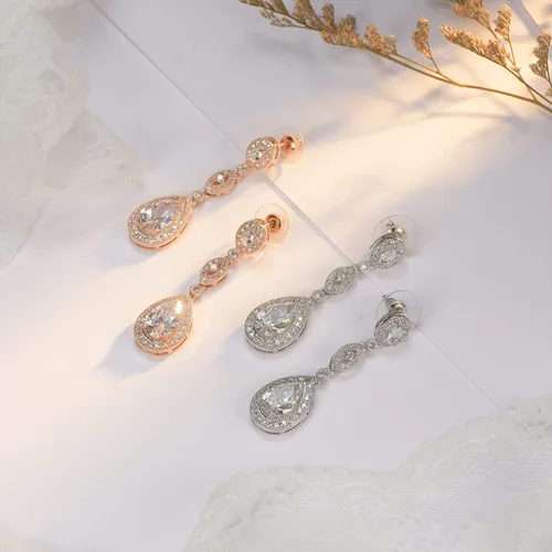 Miniatura 6 de SWEETV - Aretes de circonia cúbica con cristales de imitación en forma de gota para mujer, para dama de honor, novia