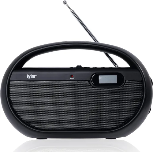 Tyler Altavoz de radio portátil AM/FM, funciona con batería de CA o inalámbrica, banda completa ligera de mano AM FM, pantalla de hora digital,
