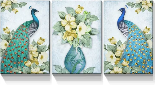 Miniatura 10 de Denozer Lienzo decorativo para pared, 3 paneles, 24 x 32 pulgadas, elegante, pavo real azul con imagen floral blanca, impresión de pintura de Art01