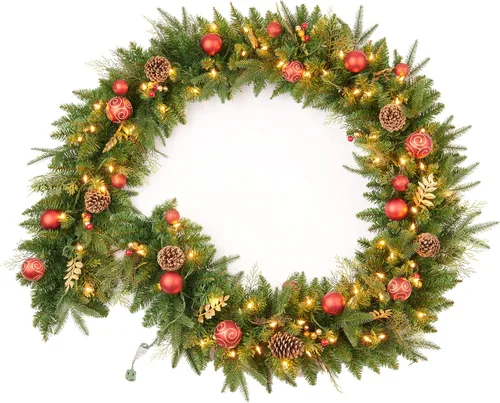 Miniatura 11 de Guirnalda de Navidad preiluminada de 9 pies con 50 luces LED, funciona con pilas, decoración de vacaciones, escaleras, pared, manto de puerta, Verde