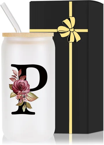 Miniatura 12 de Vaso de vidrio con monograma con tapa de bambú, popote personalizado, vaso de café helado de 16 onzas, tarro transparente de masón, cerveza, agua