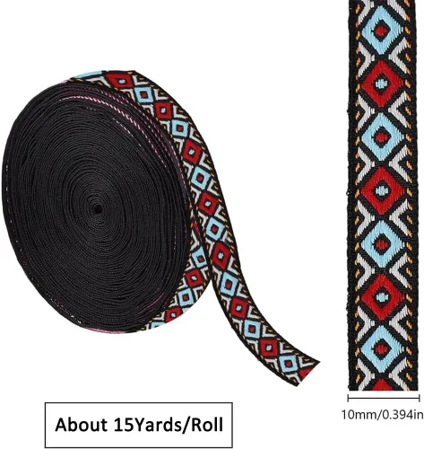 Miniatura 2 de GORGECRAFT Cinta de jacquard étnico de 10.94 yardas, cinta bordada de 3/4 pulgadas de ancho rojo azul geométrico rombo tejido flecos o bricolaje