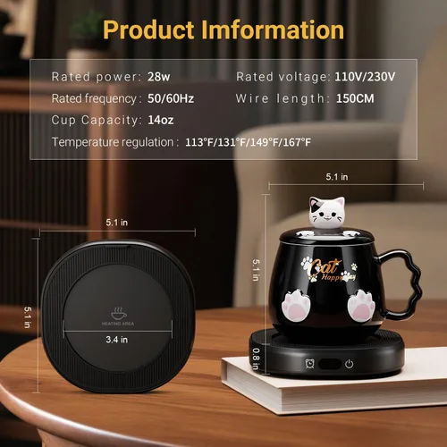 Miniatura 6 de Calentador de tazas de café y lindo juego de tazas de gato, calentador de tazas de bebidas para escritorio, oficina en casa con 4 ajustes