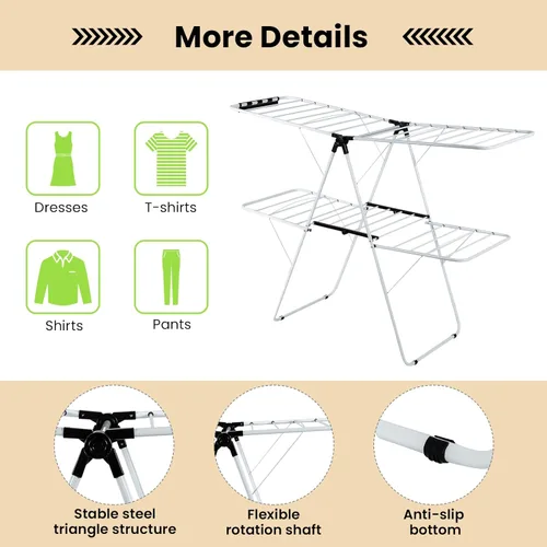 Miniatura 7 de COSTWAY Estante de secado de ropa, estante plegable de 2 niveles con alas ajustables en altura, 33 rieles de secado y clips para calcetines, estante