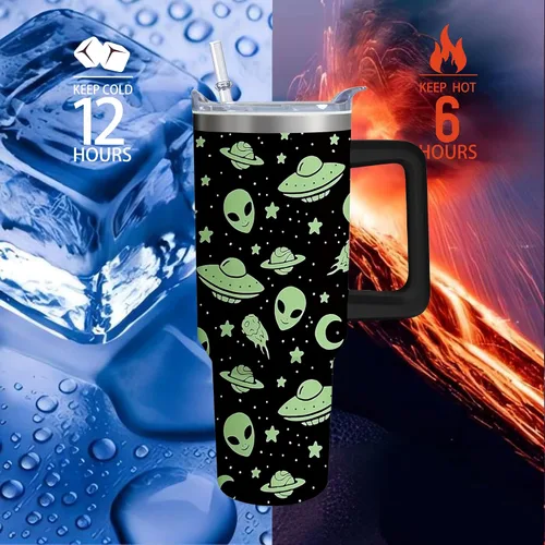 Miniatura 3 de Vaso térmico de alienígena de 40 onzas con asa y pajita abatible, taza aislante de acero inoxidable para amantes de ovnis, taza de café de viaje