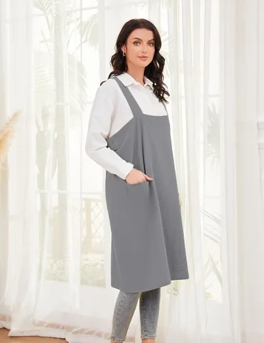 Miniatura 4 de Schine Pinafore de algodón con espalda cruzada para mujer, con bolsillos grandes, prácticos delantales para trabajos de jardinería, cocina, Gris