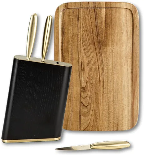 JazzUpCo Juego de cuchillos de cocina alemanes de acero inoxidable con soporte y tabla de cortar de acacia, apto para lavavajillas, cuchillas Tabla