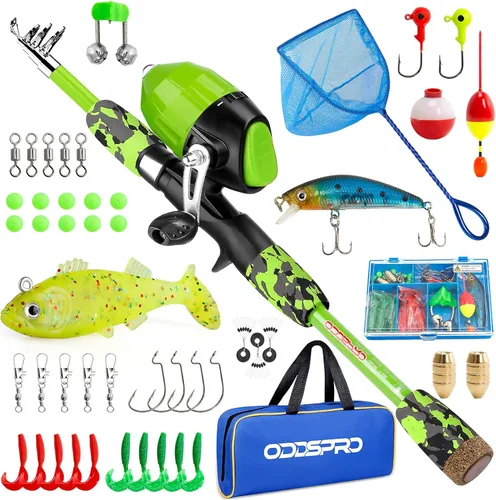 Miniatura 9 de ODDSPRO Caña de pescar para niños, color rosa, kit combinado de caña de pescar telescópica portátil y carrete - con caja de aparejos de pesca