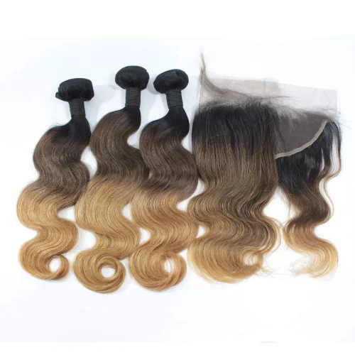 Miniatura 11 de 1B/27 rubio ombre brasileño virgen paquetes con cierres 4pcs lote cuerpo onda 12 con 10 pulgadas ombre encaje cierre con teje pelo