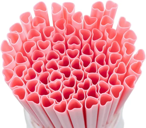 100 popotes en forma de corazón rosa, lindos popotes de plástico desechables para el día de San Valentín, cóctel, fiesta de cumpleaños, despedida de