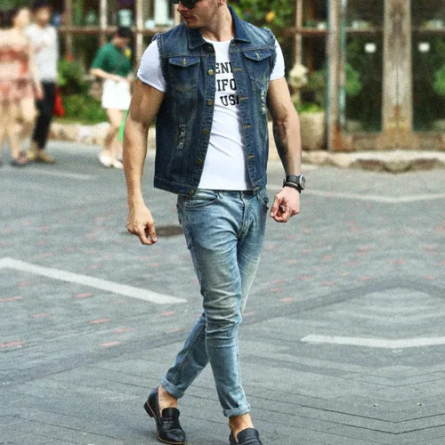 Miniatura 2 de Chaleco de mezclilla sin mangas para hombre, casual, ajustado, rasgado, clásico, con botones