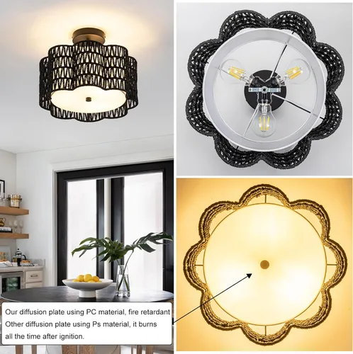 Miniatura 4 de ✿ Lámpara de Techo de Ratán Tejido a Mano de 13.8" con 3 Luces Montaje Empotrado Boho Negro para Dormitorio Pequeño y Guardería, Luz de Techo