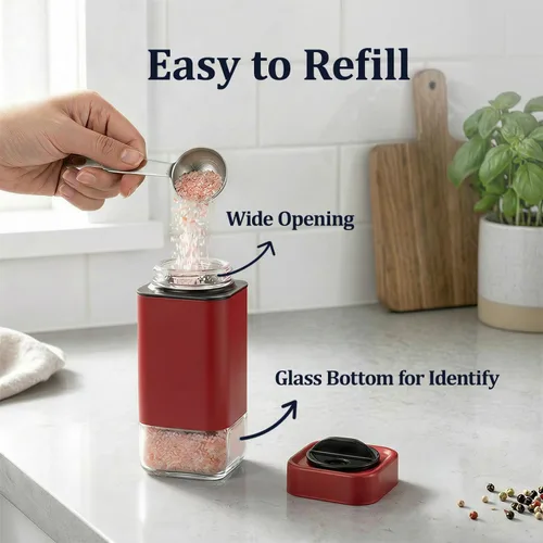 Miniatura 4 de Saleros y pimienteros rojos de Aelga, juego de salero de vidrio con agujeros ajustables para servir, ideal para pimienta negra, kosher y del Himalaya