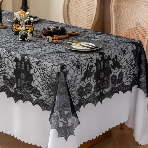 Miniatura 9 de Joyfol Day Mantel de tela de araña de Halloween, mantel redondo de encaje negro de 70 pulgadas, mantel lavable y espeluznante, mesas de telaraña